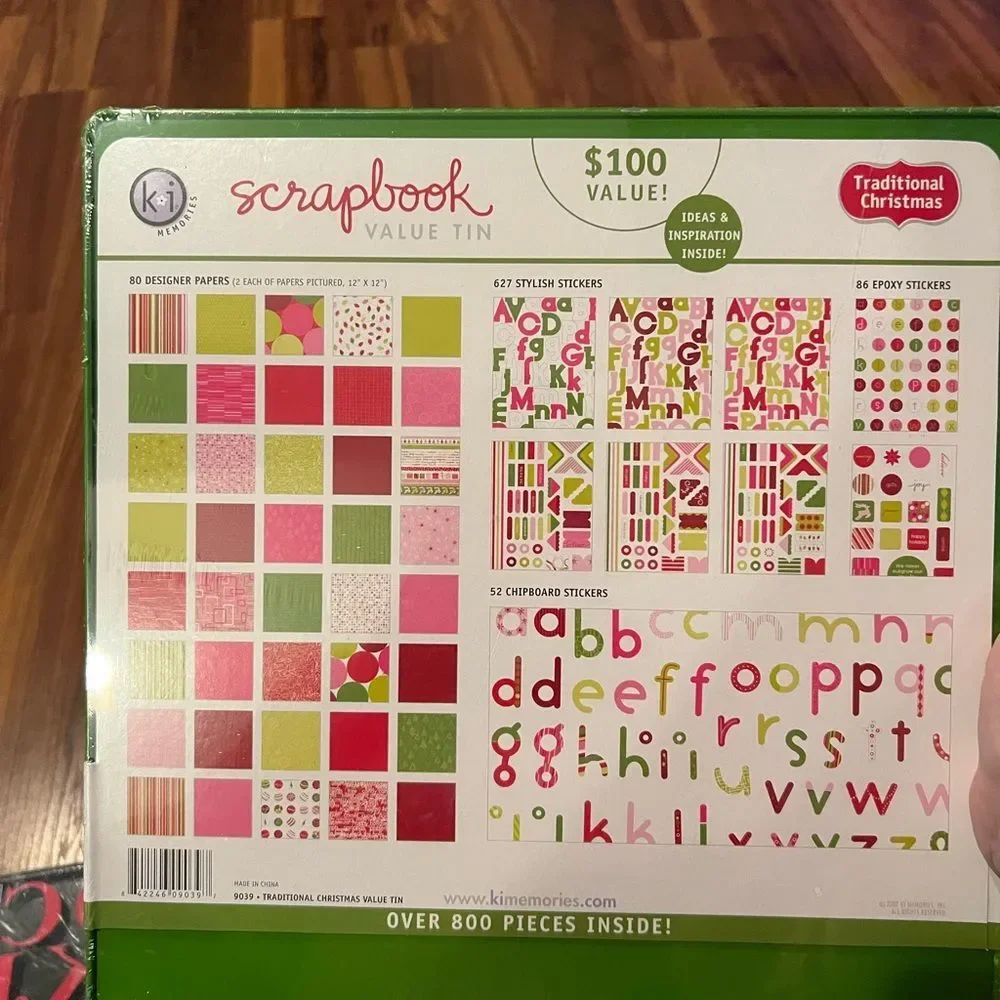 Letter stamp kit and traditional Christmas scrapbook tin